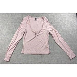 H&M Divided Womens Large Pink Ribbed Square Neck Lace Ruched Long Sleeve Top