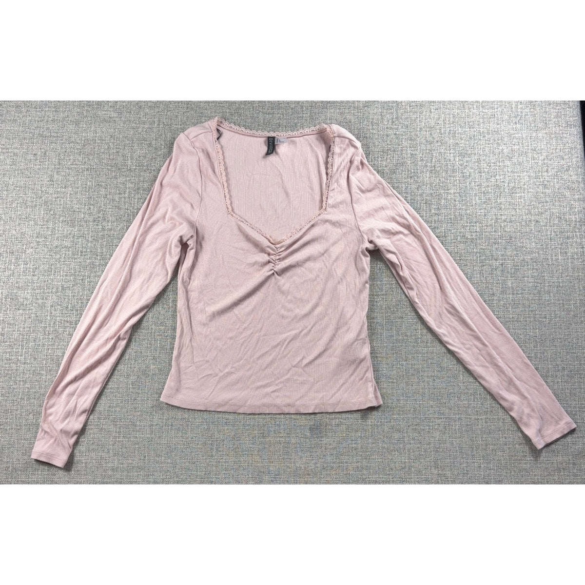H&M Divided Womens Large Pink Ribbed Square Neck Lace Ruched Long Sleeve Top