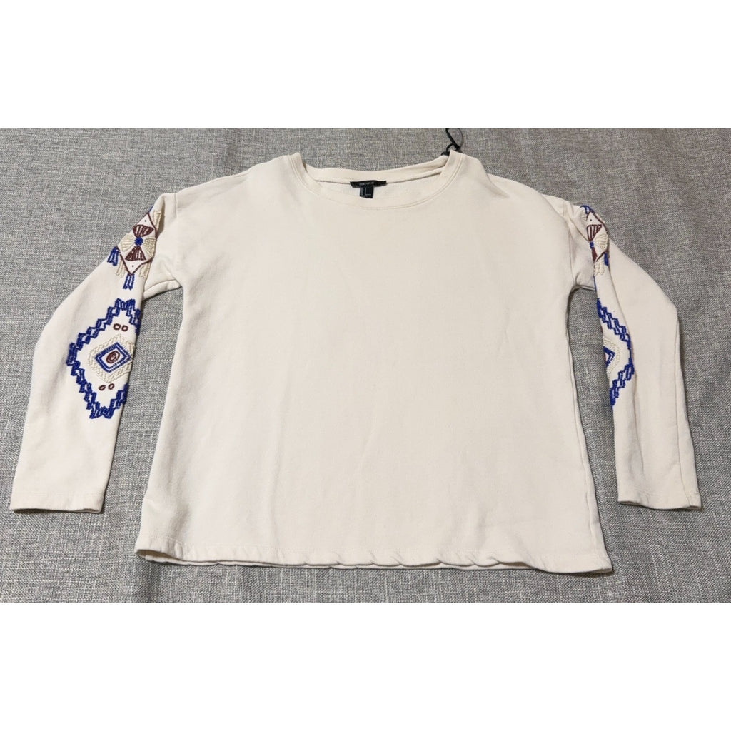 Forever 21 Women Small Cream Beaded Sleeve Crewneck Sweatshirt Boho Boxy