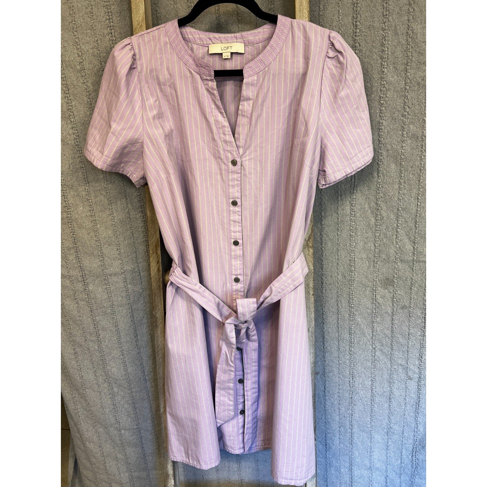 LOFT Womens M Cottagecore Lavender Striped Shirt Dress Belted Puff Sleeve M
