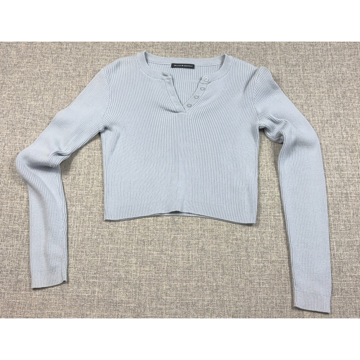 Brandy Melville Zelly Top One Size Light Blue Ribbed Cropped Henley Long Sleeve