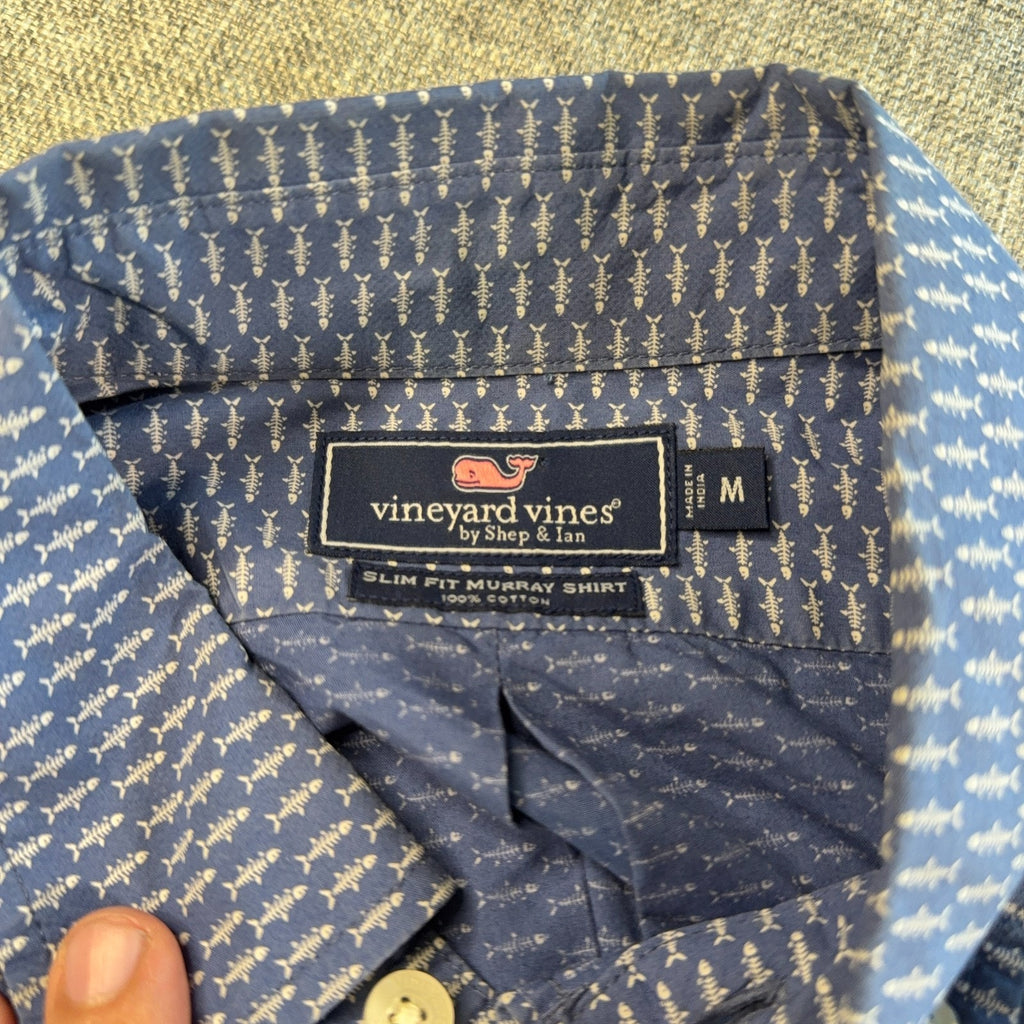 Vineyard Vines Slim Fit Murray Shirt Mens M Blue Fishbone Print Cotton Button
