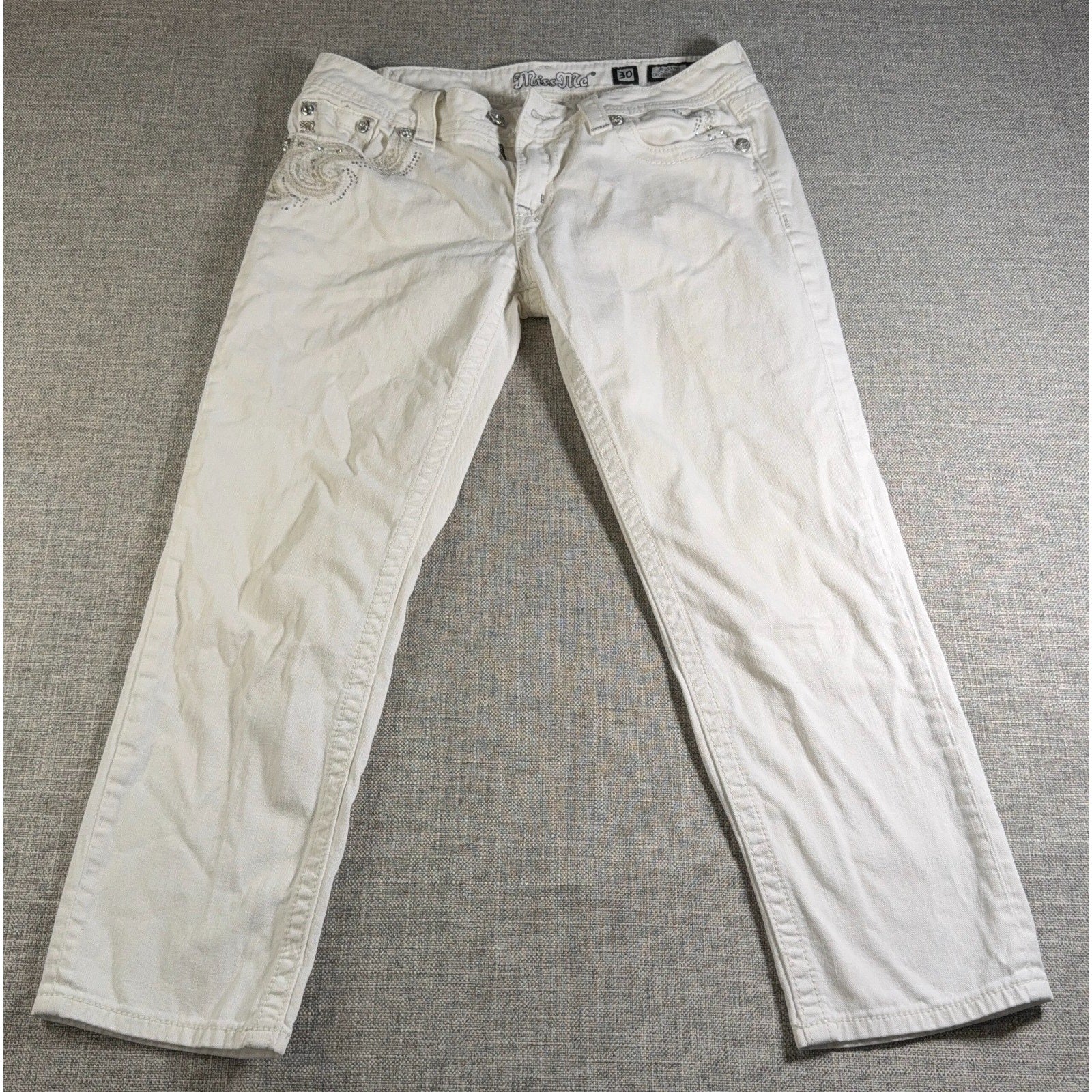 Miss Me Jeans Womens 30 White Cropped Skinny Rhinestone Embellished Flawed