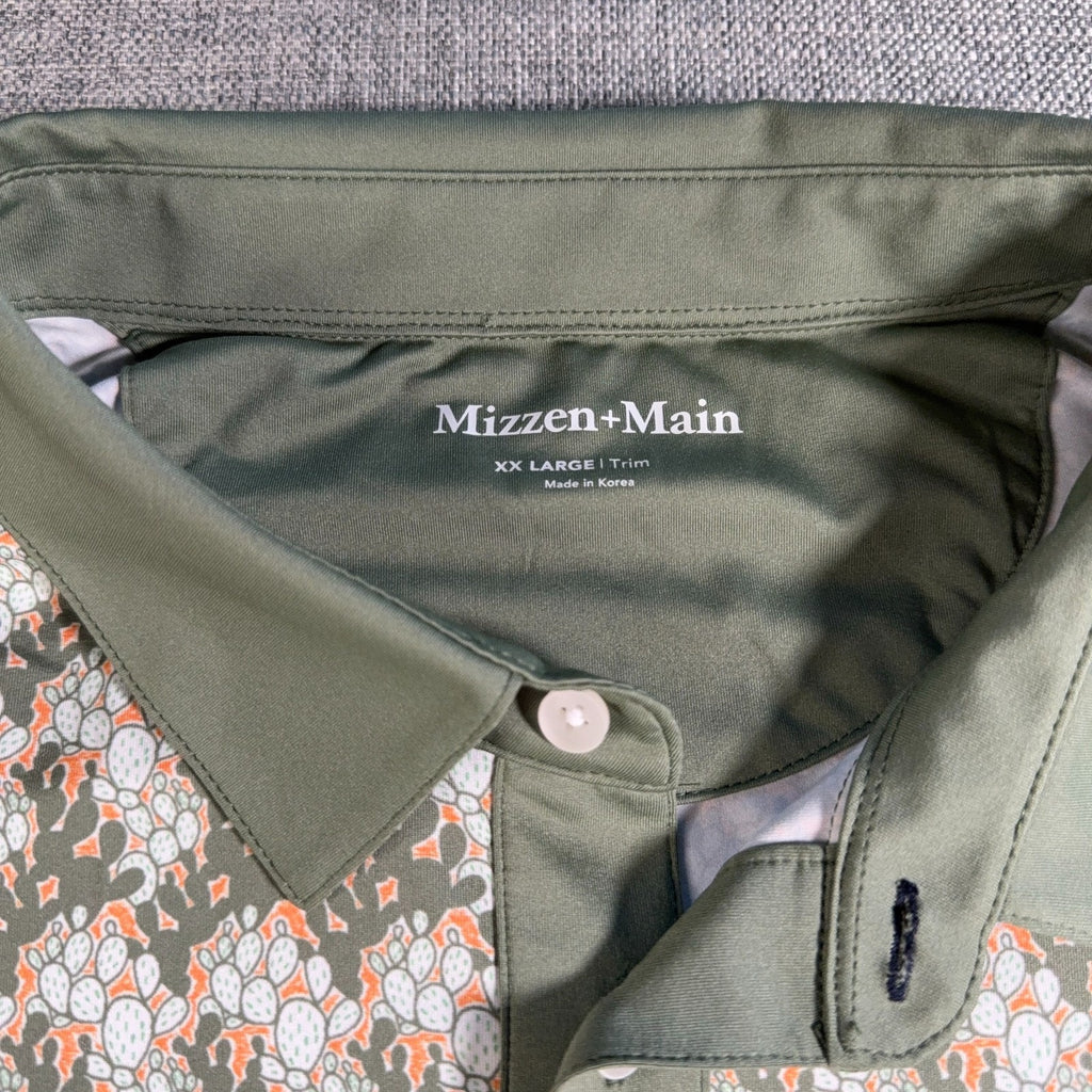 Mizzen+Main Polo Shirt Mens XXL Trim Green Cactus Print Golf Performance