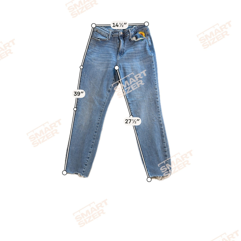 Judy Blue Jeans Women’s 3/26 Relaxed Fit Raw Hem Blue Embroidered Sunflower Boho