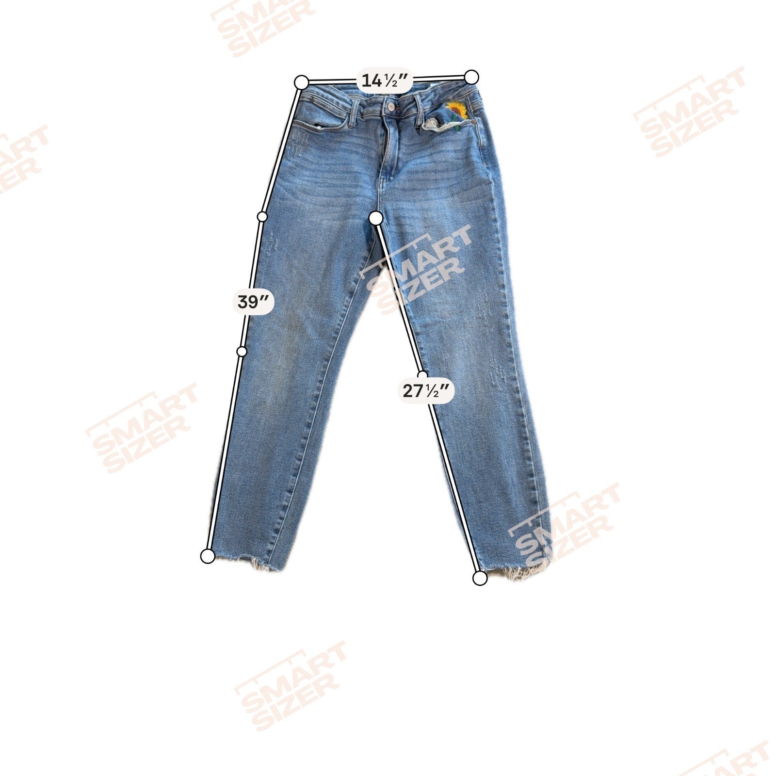 Judy Blue Jeans Women’s 3/26 Relaxed Fit Raw Hem Blue Embroidered Sunflower Boho