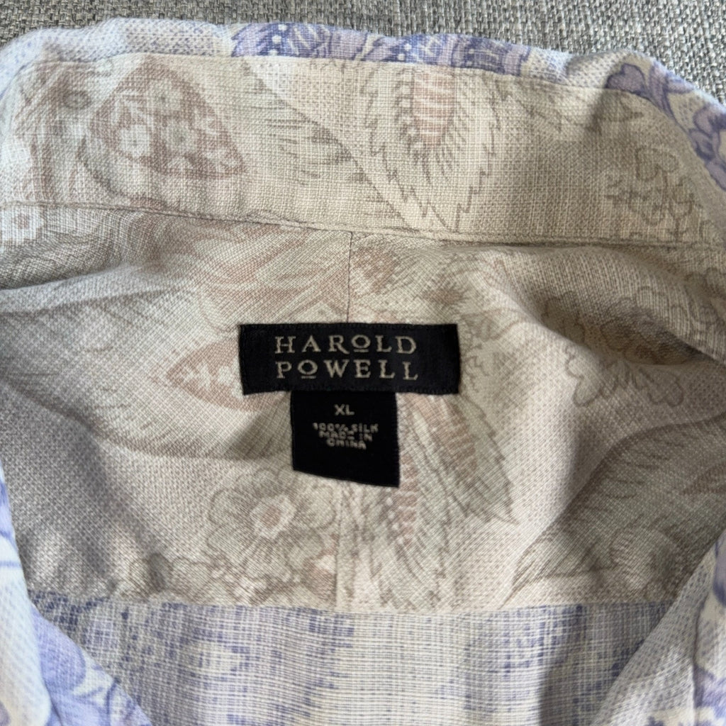 Harold Powell Men XL 100% Linen Floral Paisley Shirt Lavender Resort Short Sleev