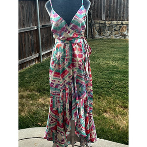 Flying Tomato Maxi Dress Womens M Abstract Watercolor Wrap High Low Ruffle Boho