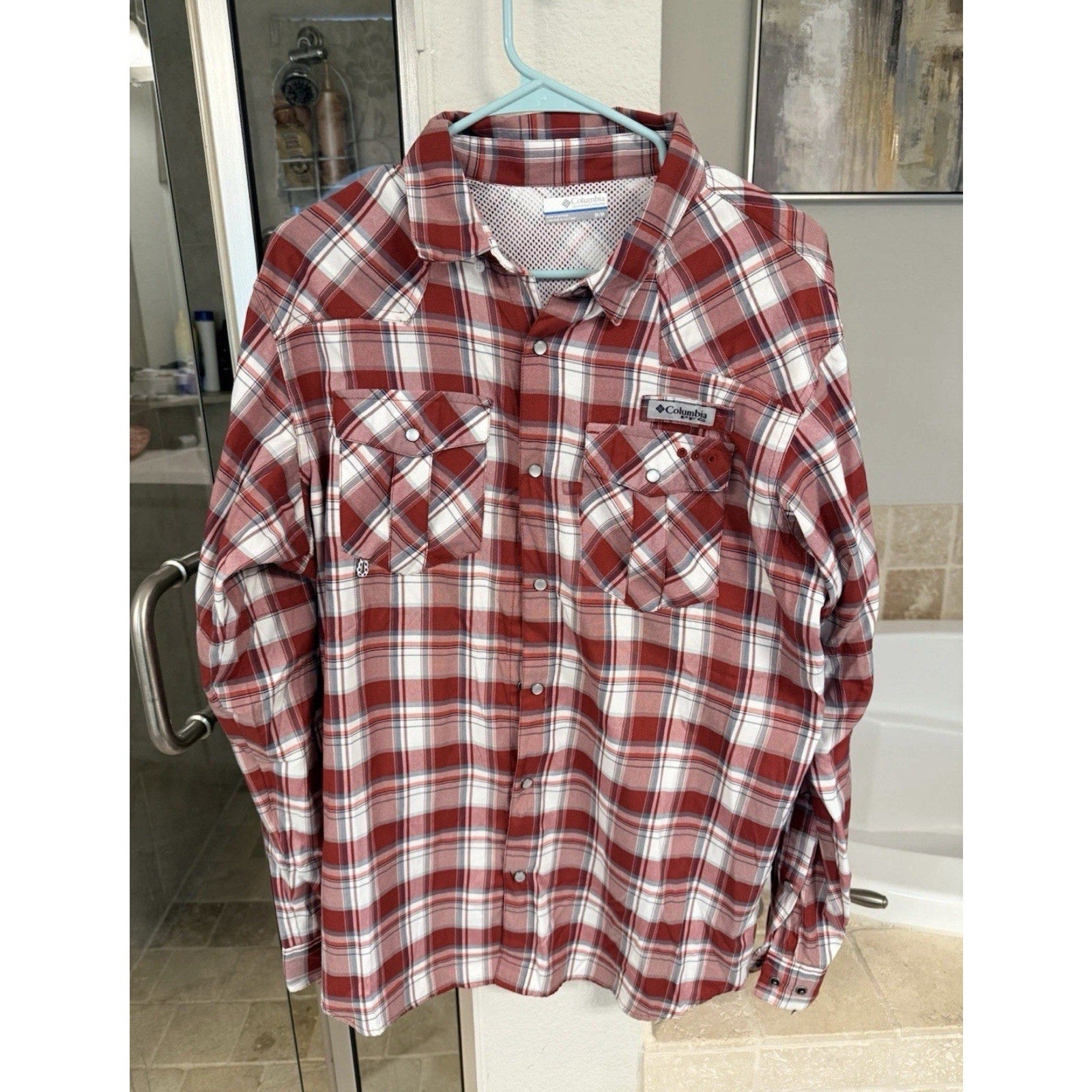 Columbia PFG Plaid Fishing Shirt Men’s Medium Red Snap Long Sleeve Outdoors
