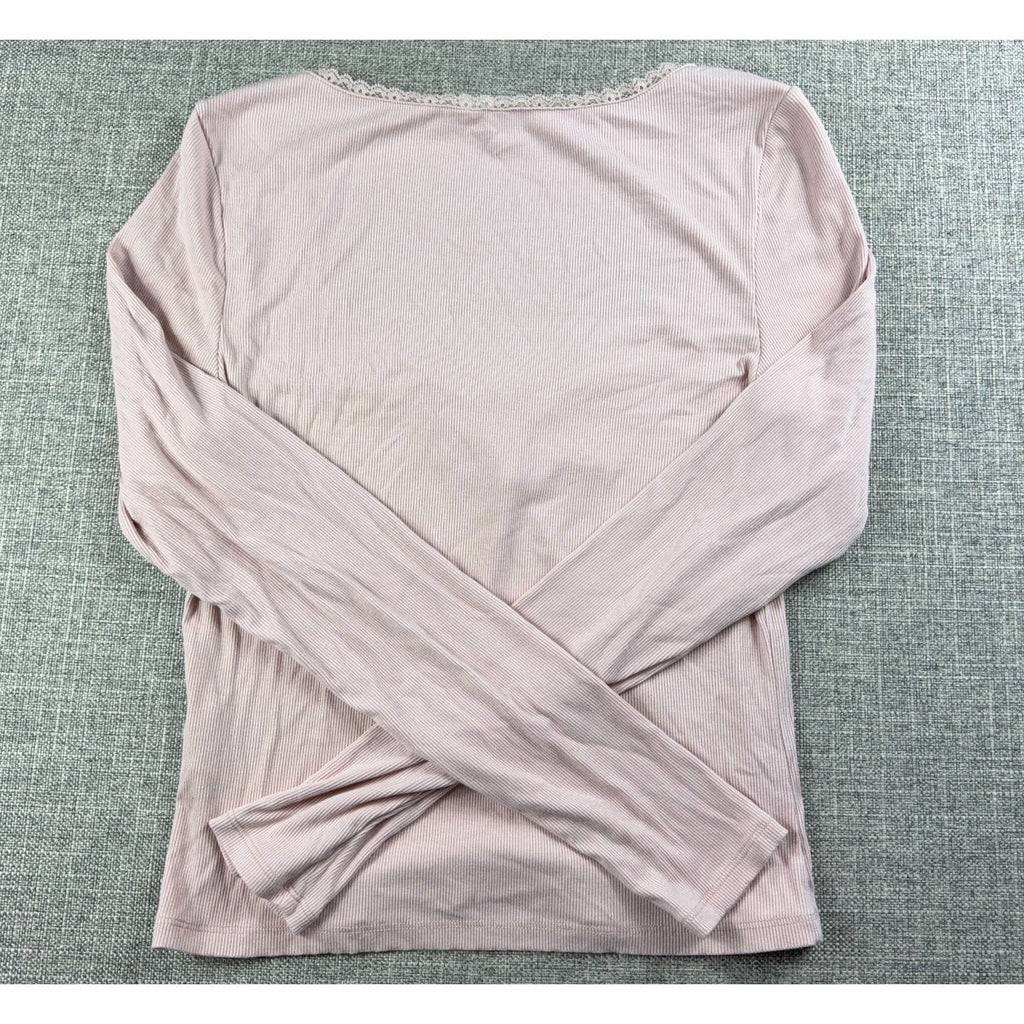 H&M Divided Womens Large Pink Ribbed Square Neck Lace Ruched Long Sleeve Top