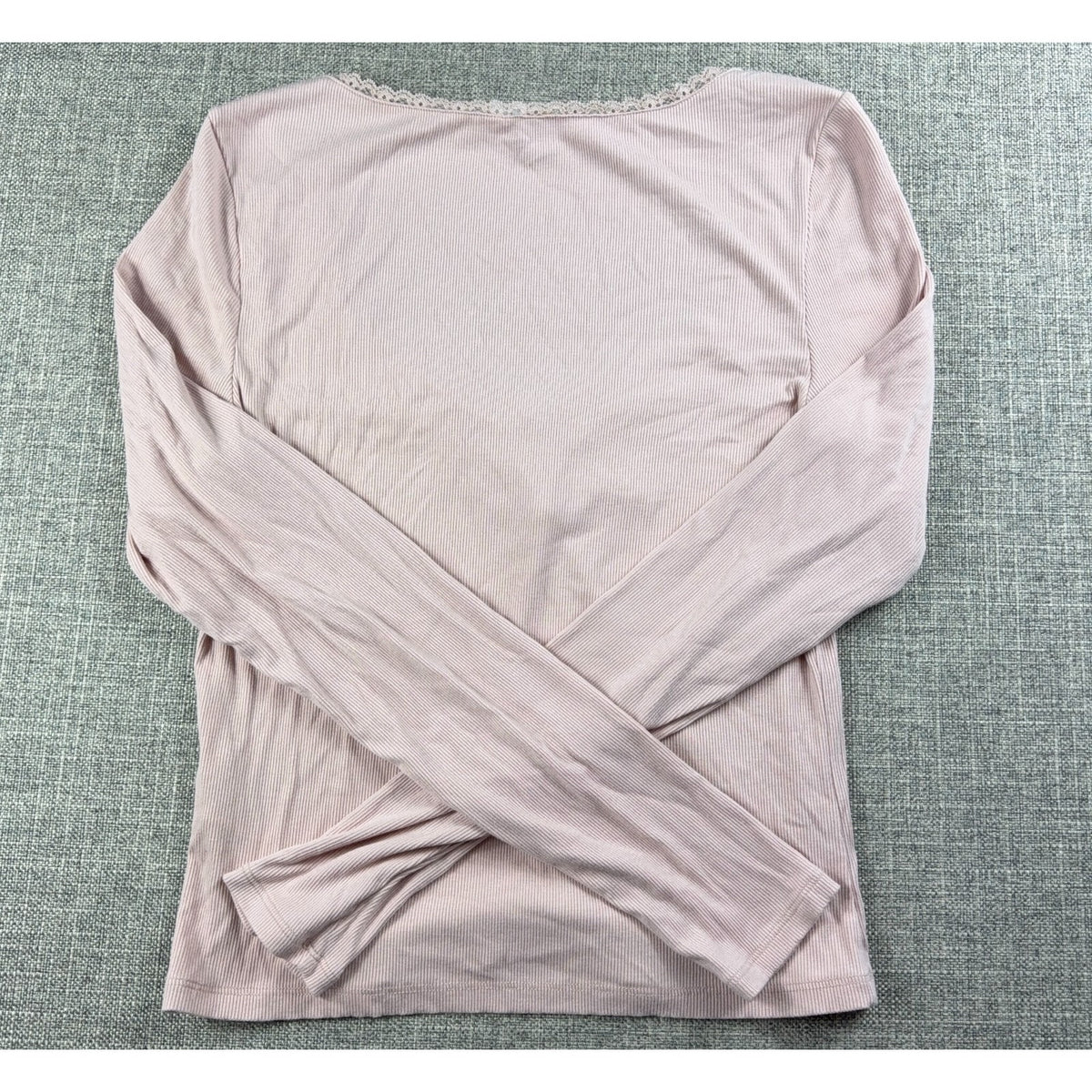 H&M Divided Womens Large Pink Ribbed Square Neck Lace Ruched Long Sleeve Top