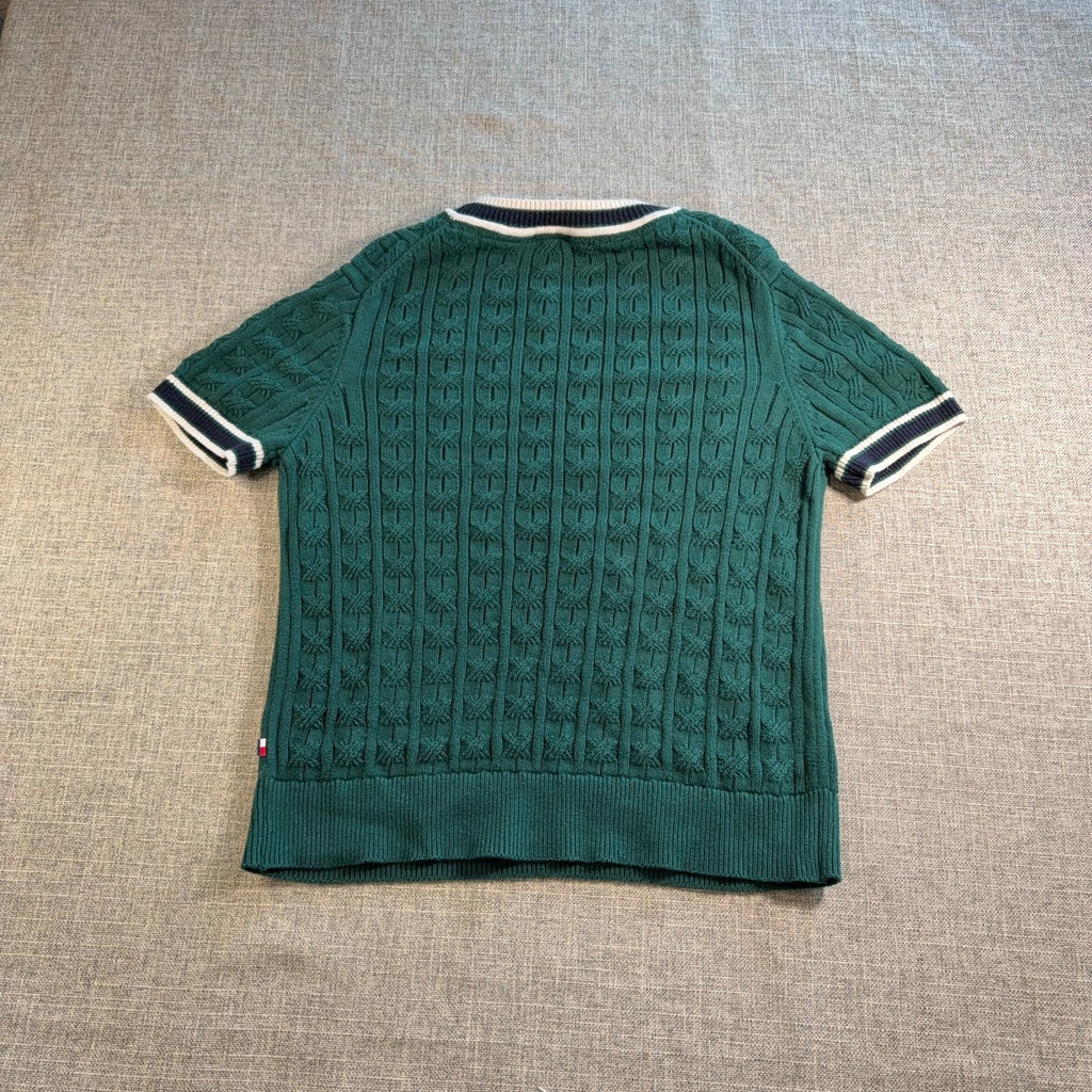 Tommy Hilfiger Cable Knit Sweater Shirt Mens XL Green Short Sleeve Cotton Preppy