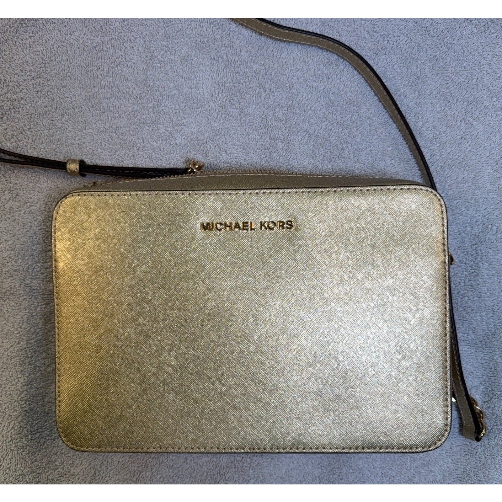Michael Kors Gold Saffiano Leather Crossbody Bag Chain Strap Zip Top Purse MK