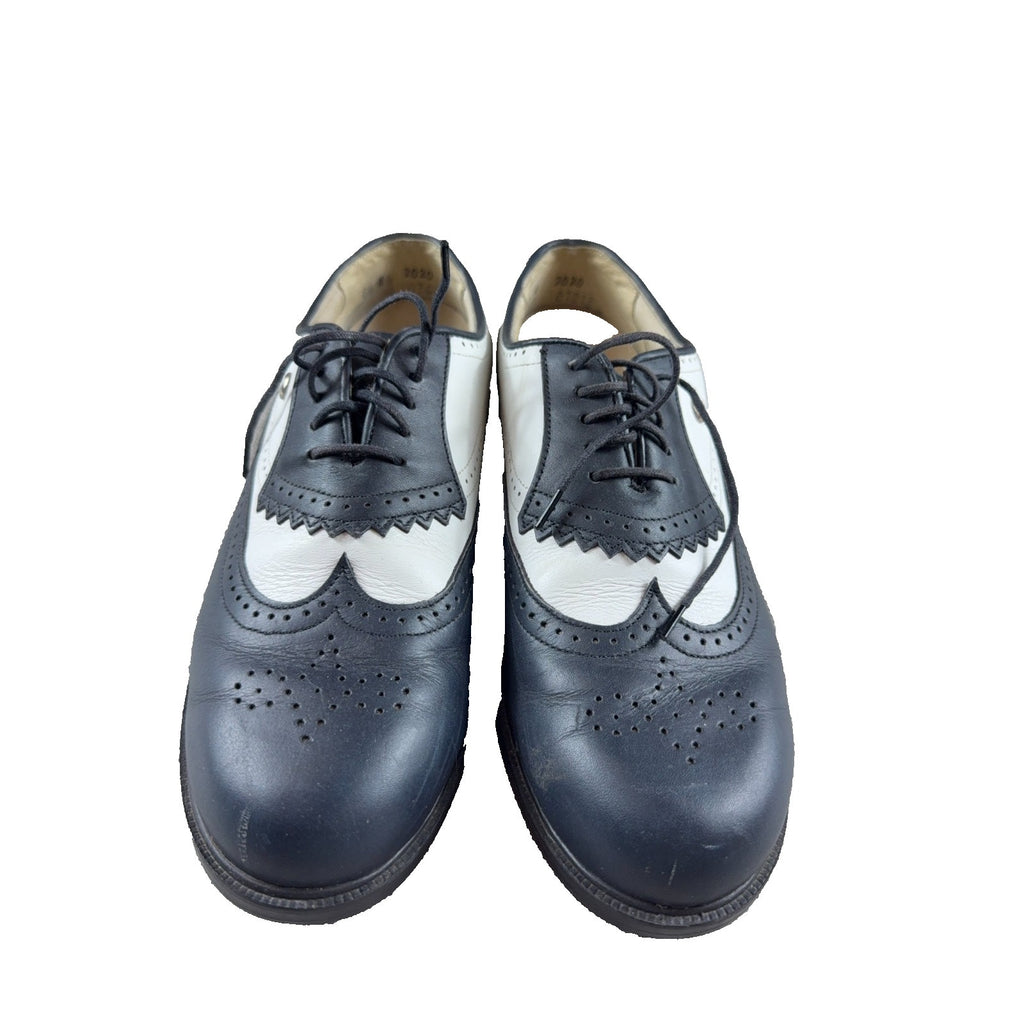 Vintage E-Z Step Golf Shoes 8.5 N Black White Leather Wingtip Made USA Brogue