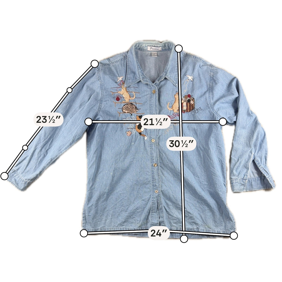 Passion 3XL Embroidered Cat Denim Shirt Womens Chambray Yarn Kittens Cottagecore