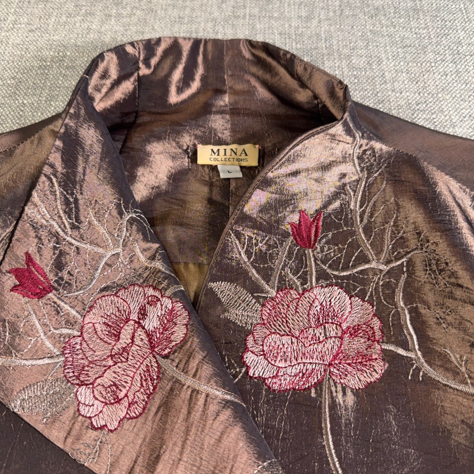 Mina Collections Womens L Embroidered Satin Jacket Floral Frog Closure Asian