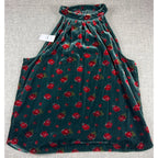 NWT LOFT Women M Green Velvet Floral Halter Top Red Rose Sleeveless Holiday