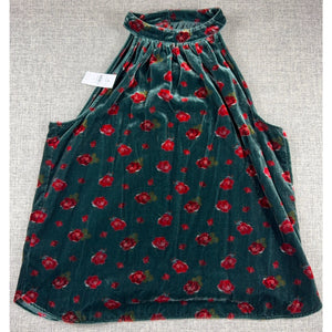 NWT LOFT Women M Green Velvet Floral Halter Top Red Rose Sleeveless Holiday