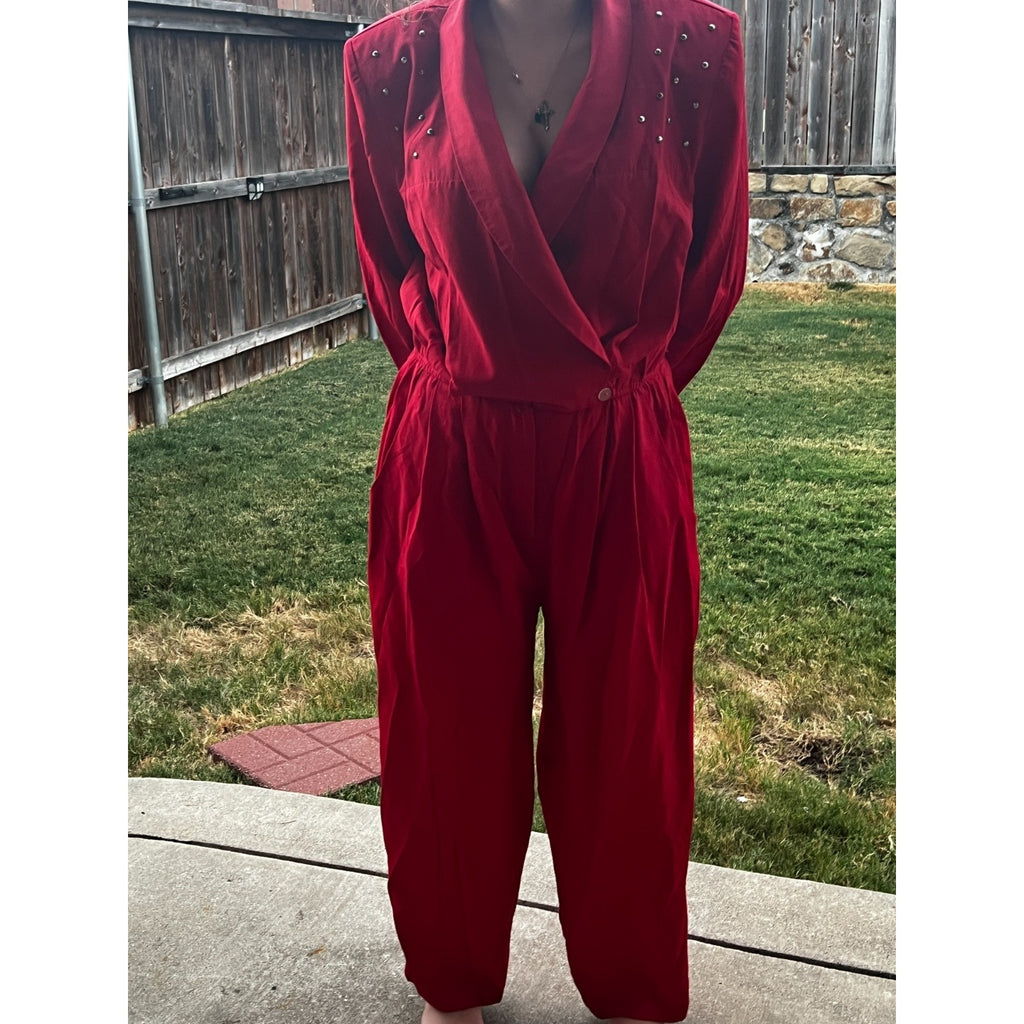 Vintage 80s Red Studded Jumpsuit Womens Power Suit Shoulder Pads Glam Retro