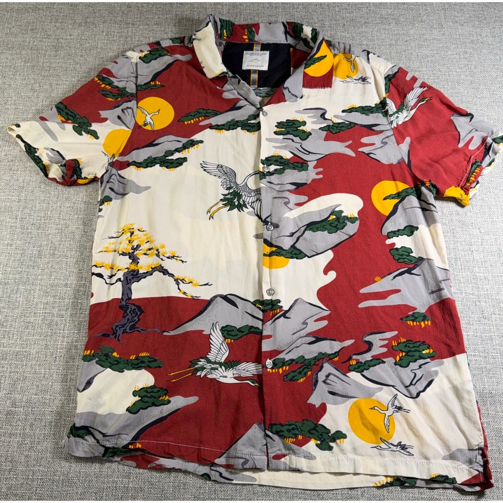 Denim & Flower Ricky Singh Shirt Mens XL Crane Scenic Hawaiian Camp Button Up