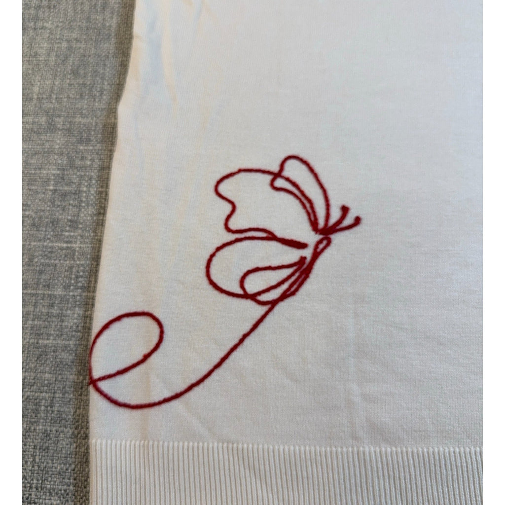 Laurie Felt Sweater Women L Ivory Butterfly Embroidered V Neck Lightweight Knit