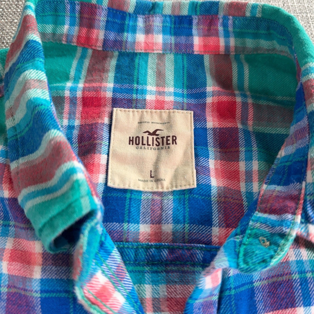 Hollister Flannel Shirt Large Teal Blue Red Plaid Long Sleeve Button Up