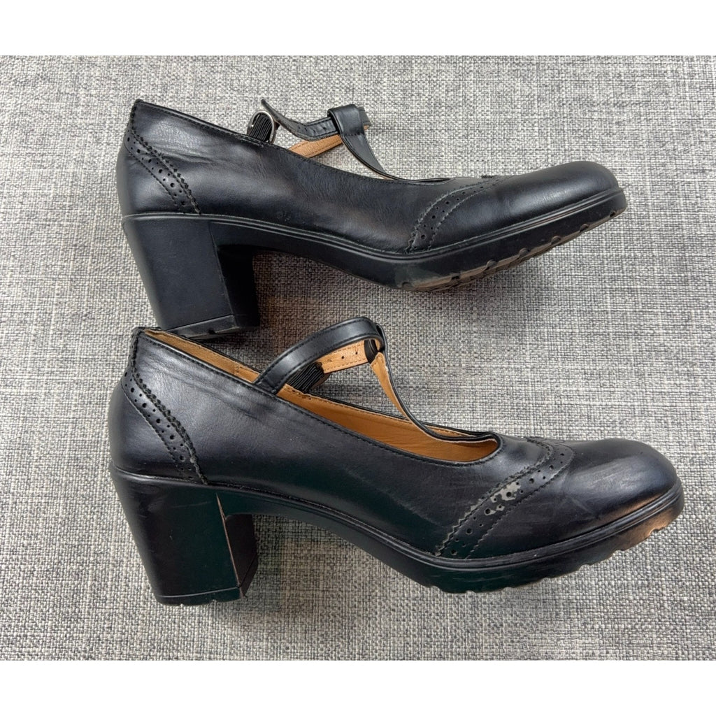 Trary Black Leather T Strap Mary Jane Pumps Womens 8 Brogue Block Heel Gothic