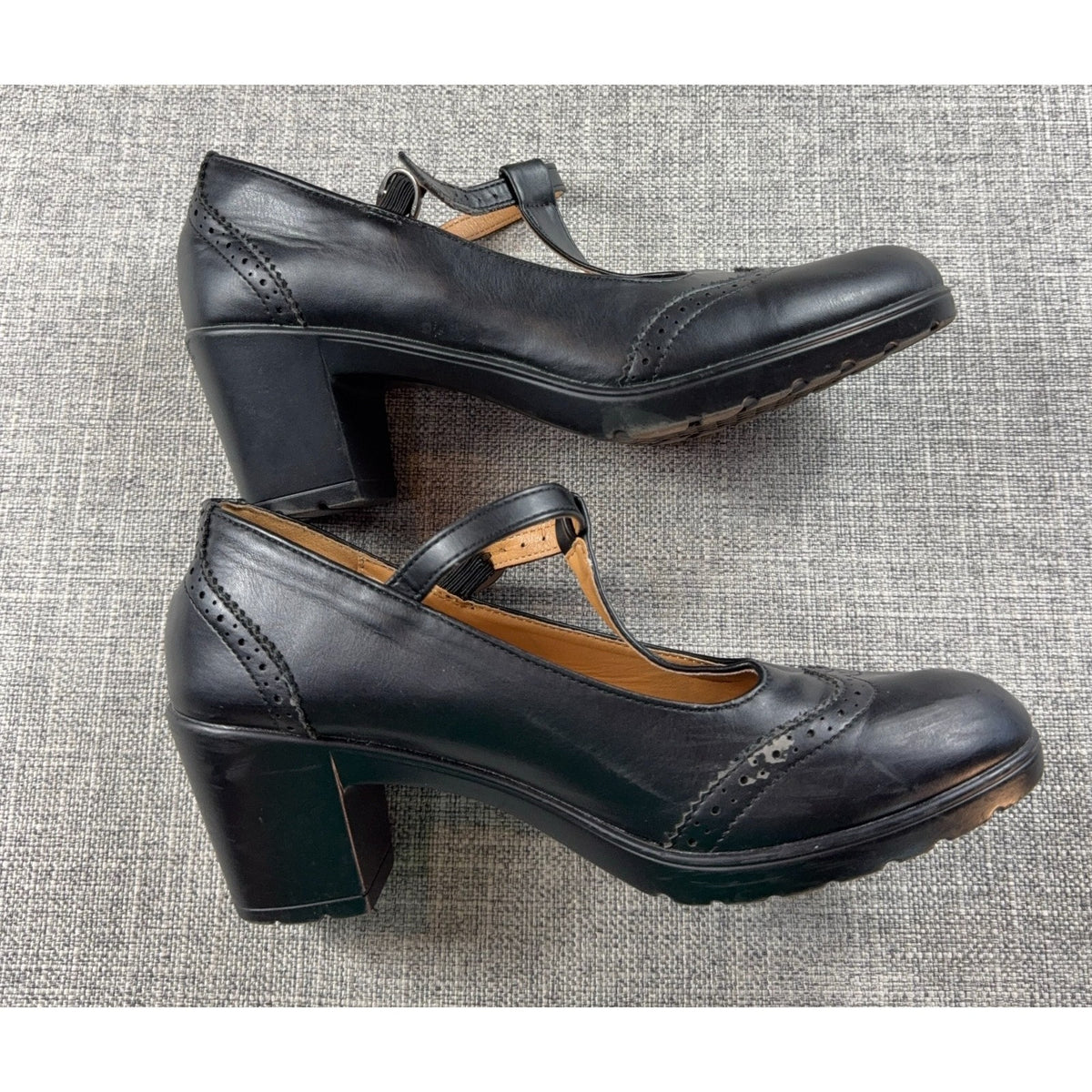 Trary Black Leather T Strap Mary Jane Pumps Womens 8 Brogue Block Heel Gothic