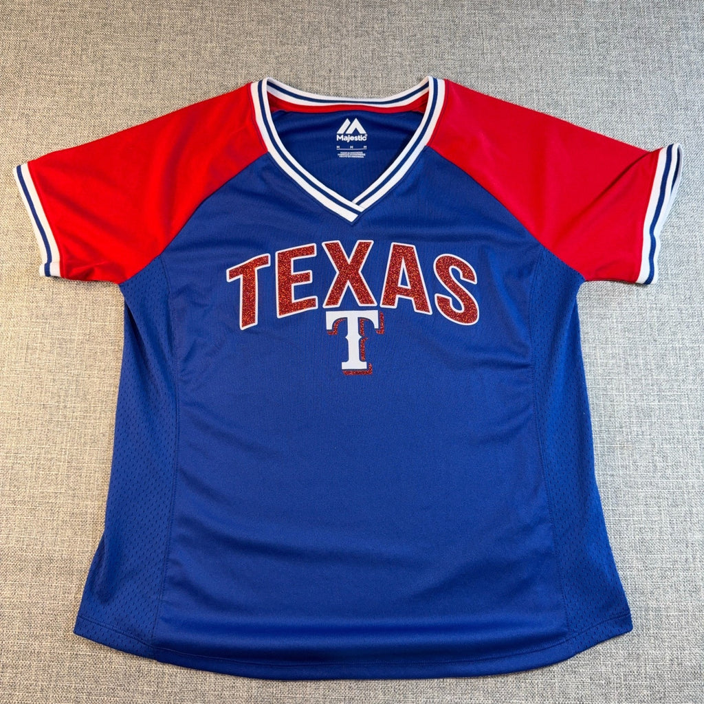 Majestic Texas Rangers Women's M Glitter V-Neck Baseball Shirt MLB