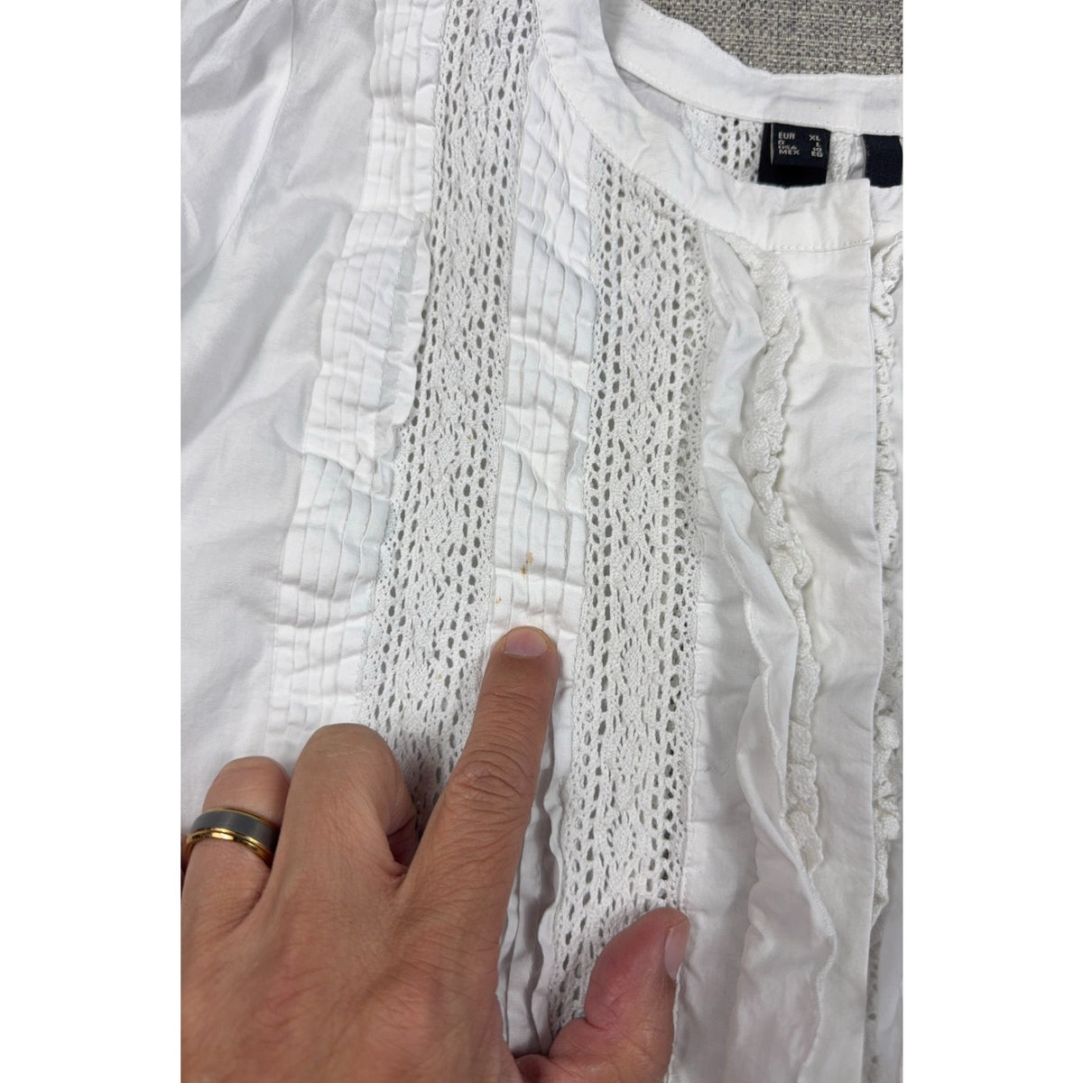 MNG by Mango White Lace Pleated Ruffle Blouse Women's US 10 Long Sleeve
