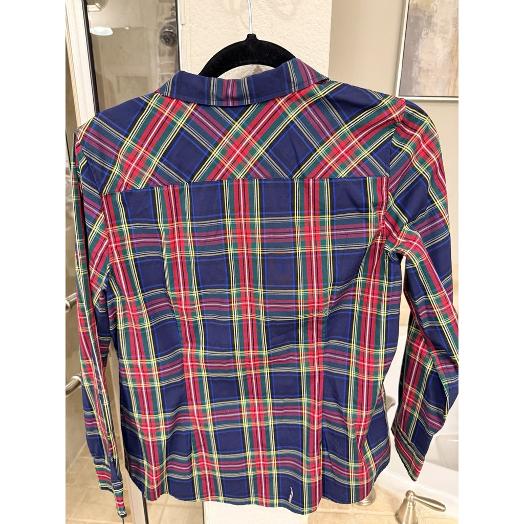 Talbots Petite 12P Plaid Button Front Shirt Womens Red Blue Green Tartan Stretch