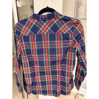 Talbots Petite 12P Plaid Button Front Shirt Womens Red Blue Green Tartan Stretch