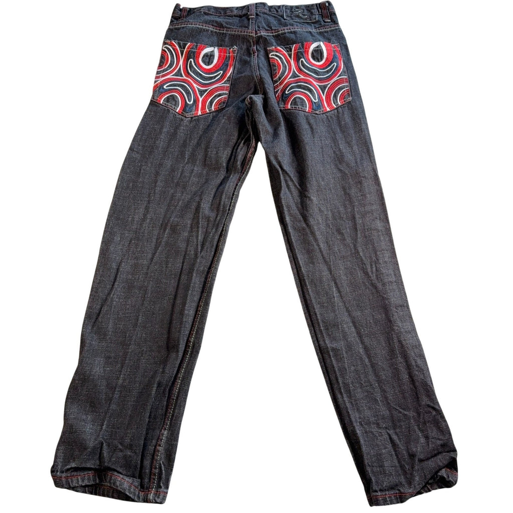 Refuse Life Style Denim Jeans Mens 34 Black Y2K Embroidered Pockets Streetwear