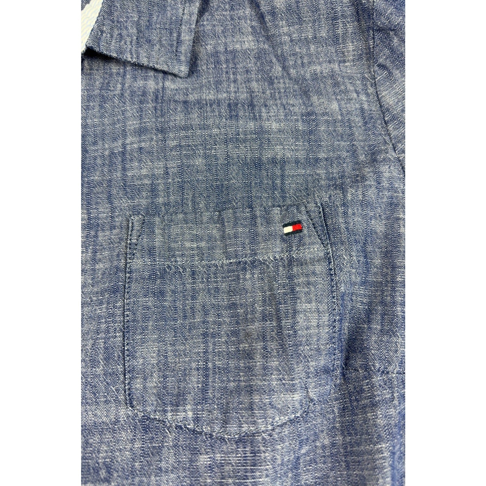Tommy Hilfiger Womens Chambray Shirt Large Blue Roll Tab Sleeve Classic Fit