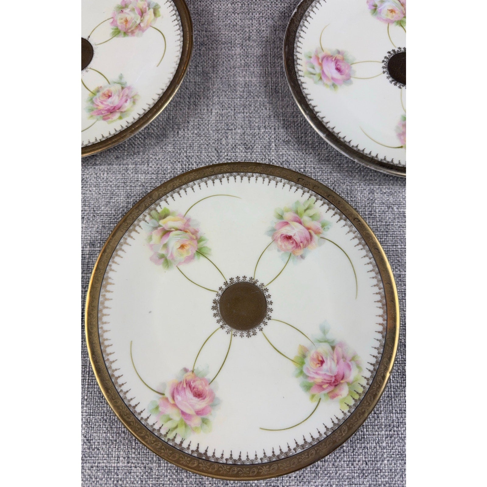 Antique PM Moschendorf Bavaria Hand Painted Rose Plates Set 6 Gold Rim 1895-1910