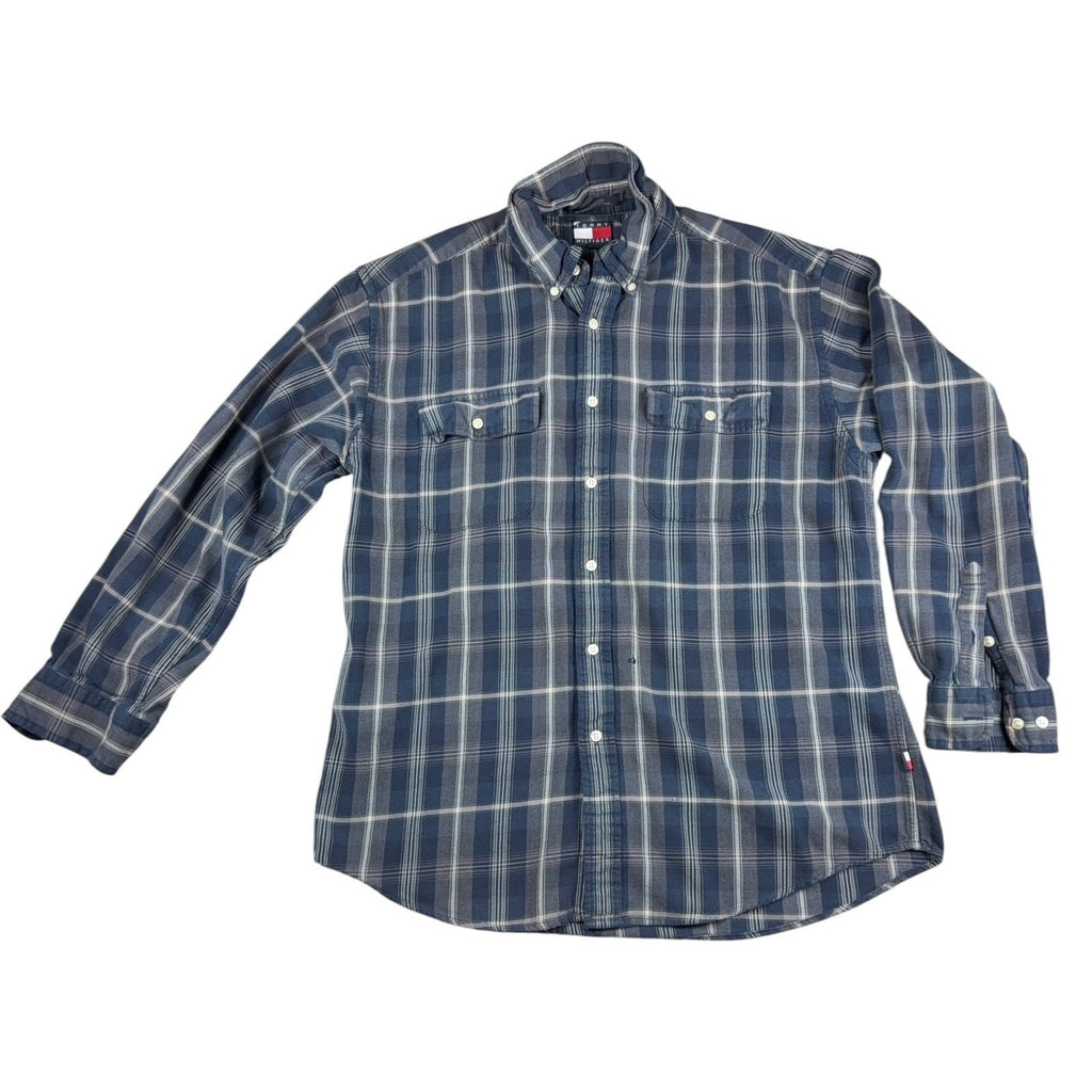 Vintage Tommy Hilfiger Plaid Button Down Shirt Mens L Blue Gray 90s Y2K Flag