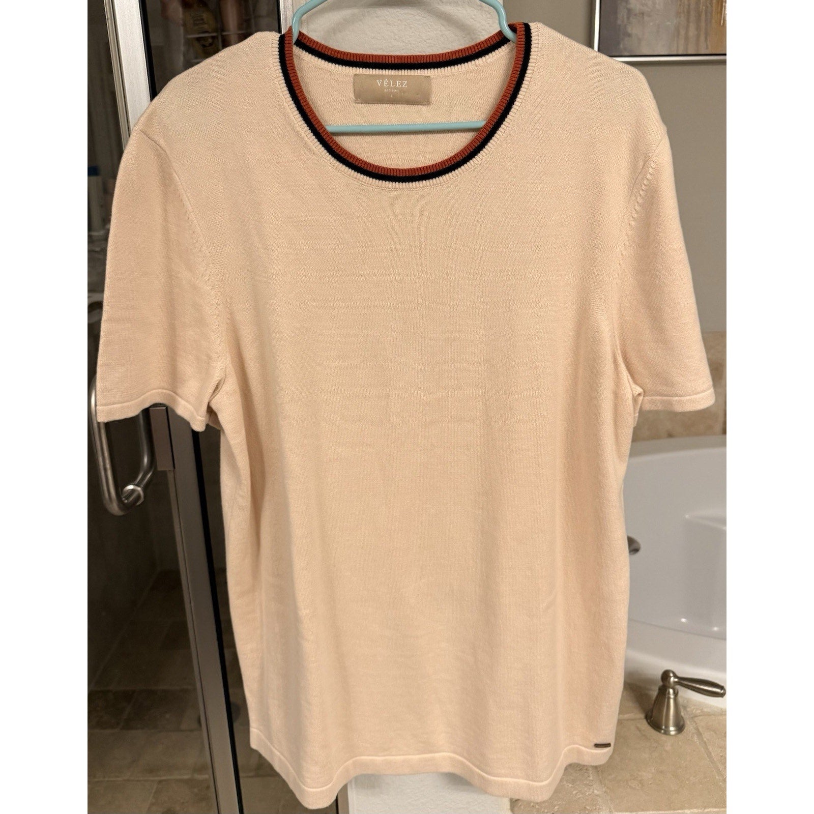 Velez Artisan Knit Top Womens L Beige 100% Cotton Short Sleeve Minimalist Luxury