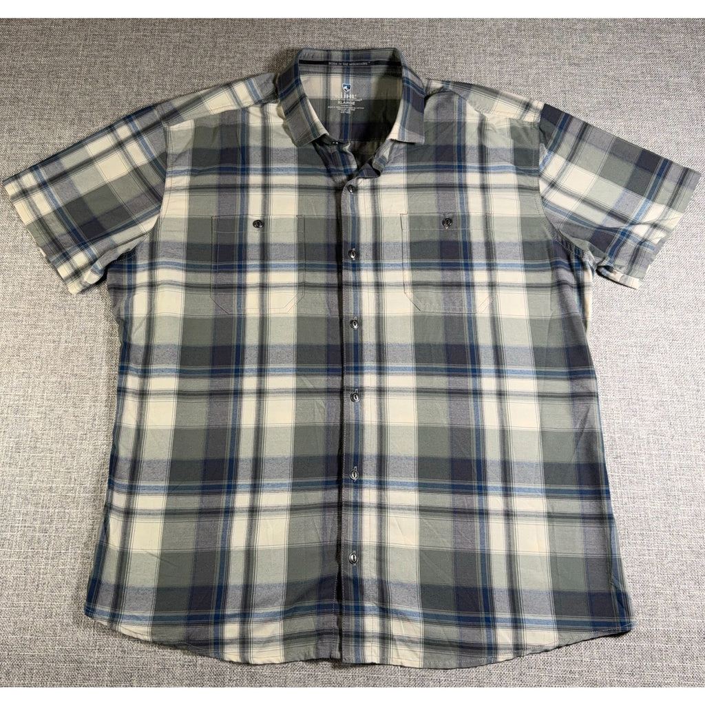 Kuhl Men’s XL Plaid Button Up Shirt Tapered Fit Short Sleeve Outdoor Hiking Gree
