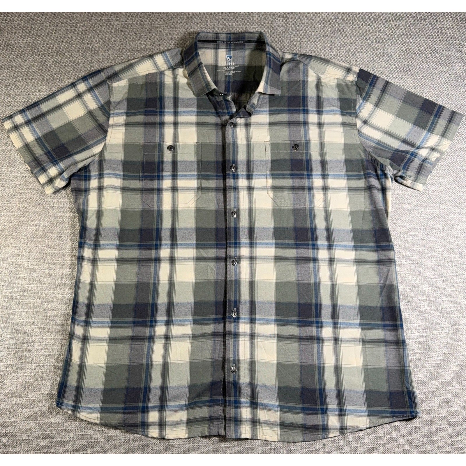 Kuhl Men’s XL Plaid Button Up Shirt Tapered Fit Short Sleeve Outdoor Hiking Gree