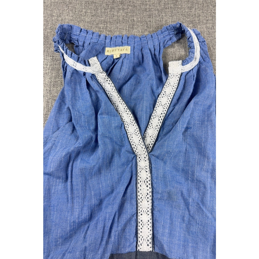 Ruby Yaya Blue Maxi Dress S Boho Embroidered Tiered Sleeveless Resort