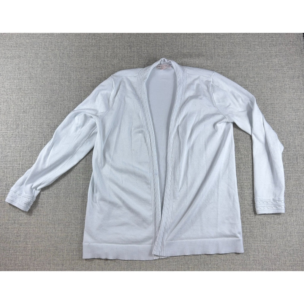 Carolyn Taylor Cardigan XL White Open Front Long Sleeve Cable Trim Rayon Blend