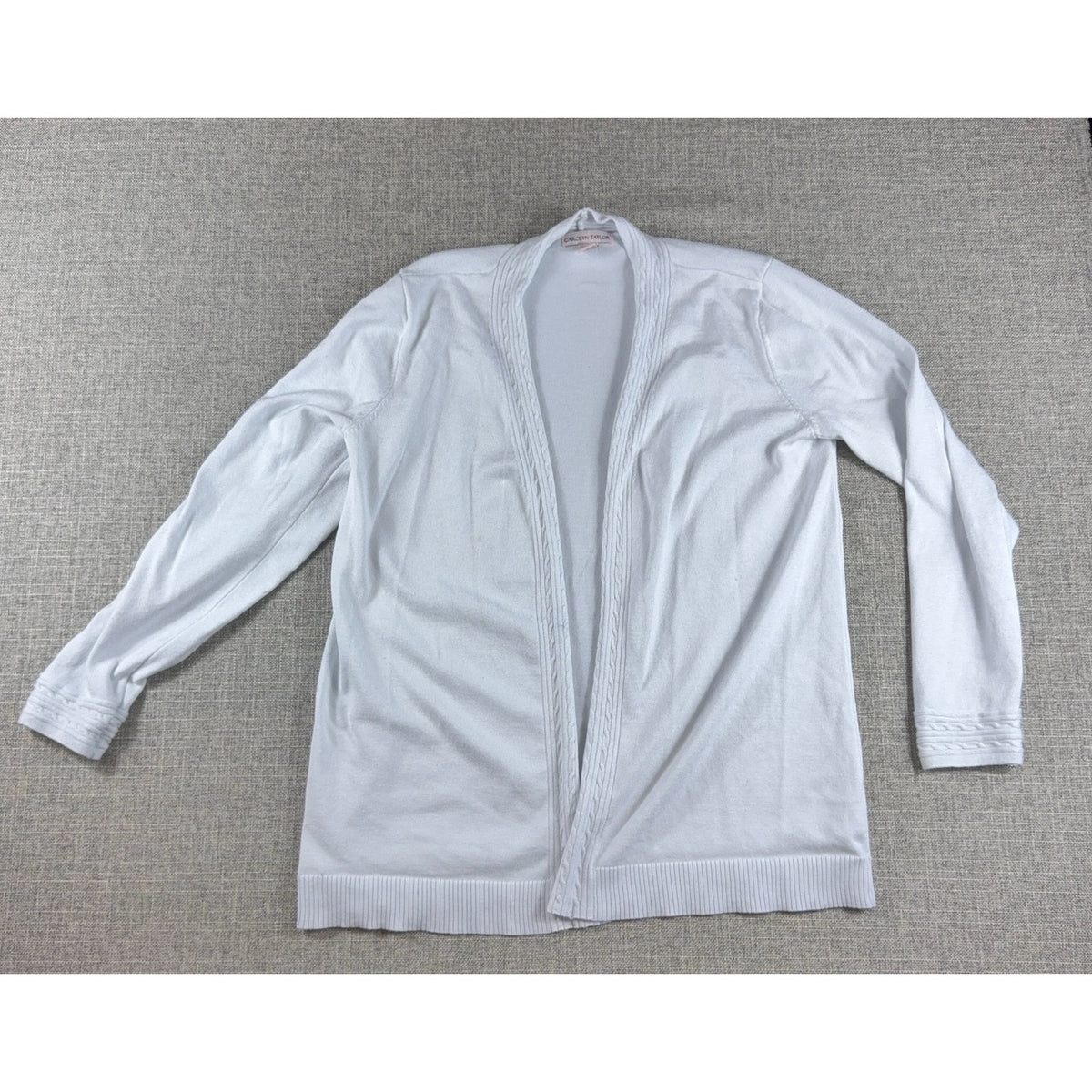 Carolyn Taylor Cardigan XL White Open Front Long Sleeve Cable Trim Rayon Blend