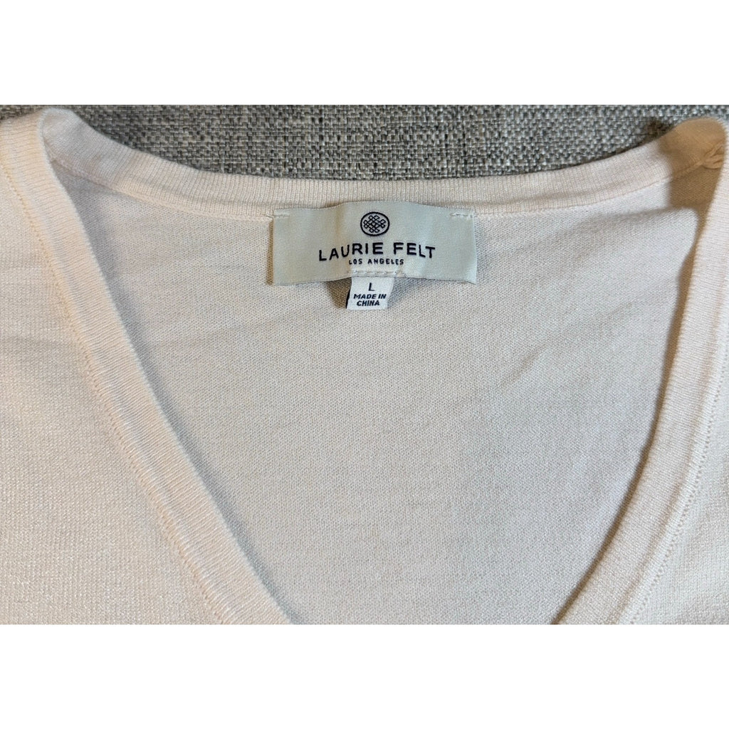 Laurie Felt Sweater Women L Ivory Butterfly Embroidered V Neck Lightweight Knit