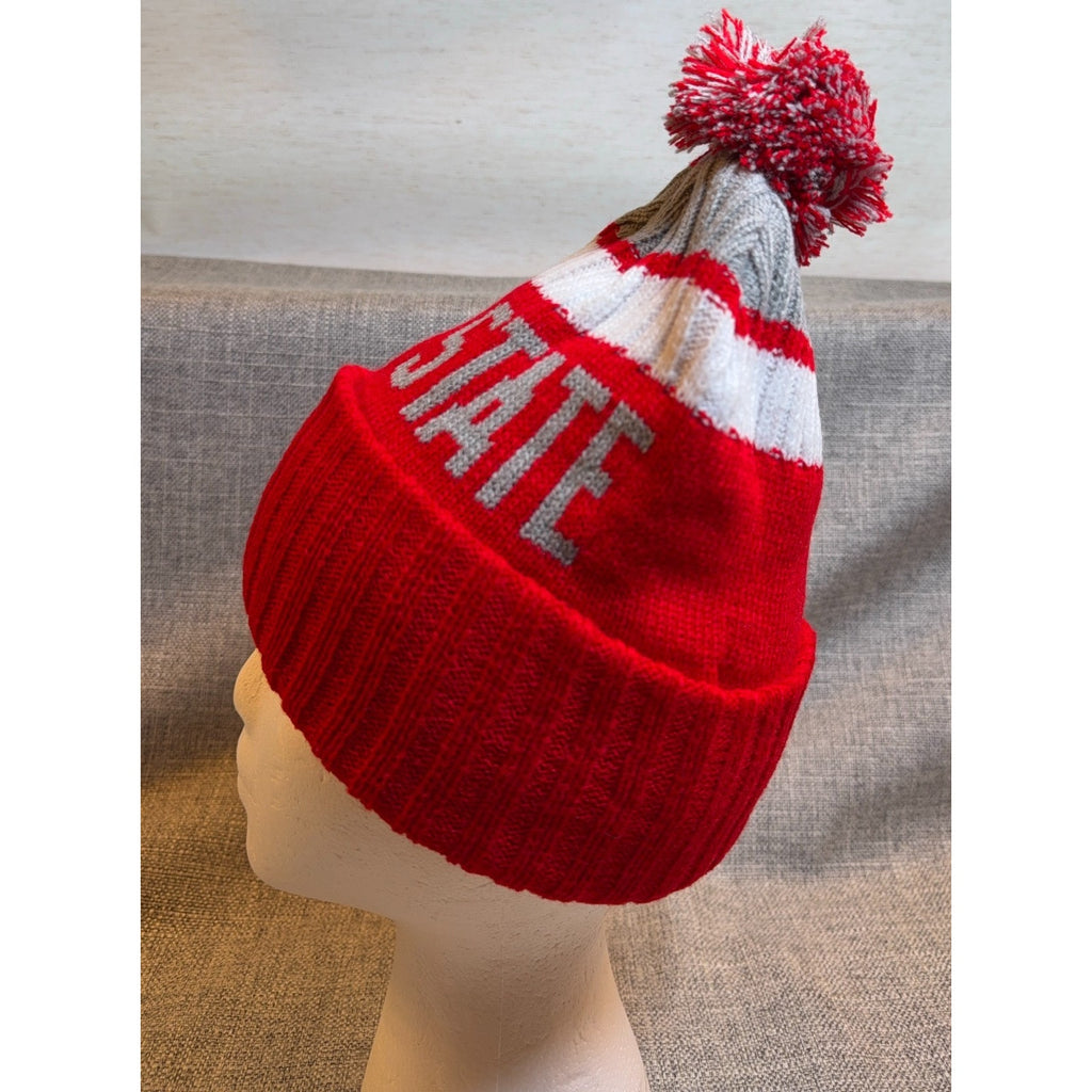 Ohio State Knit Beanie Pom Pom Scarlet Gray White Cuffed Winter Hat