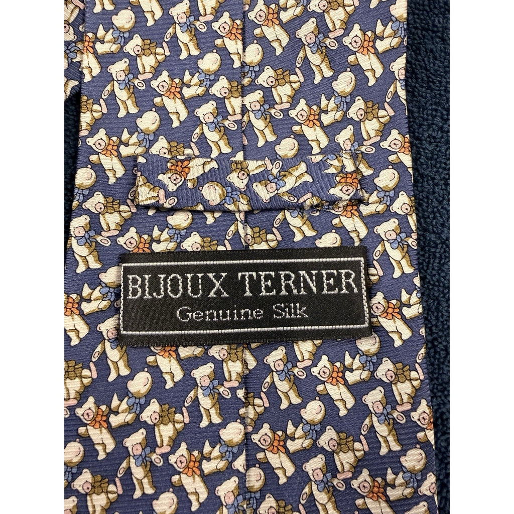 Bijoux Terner Teddy Bear Novelty Tie Genuine Silk Blue Cute Vintage Necktie