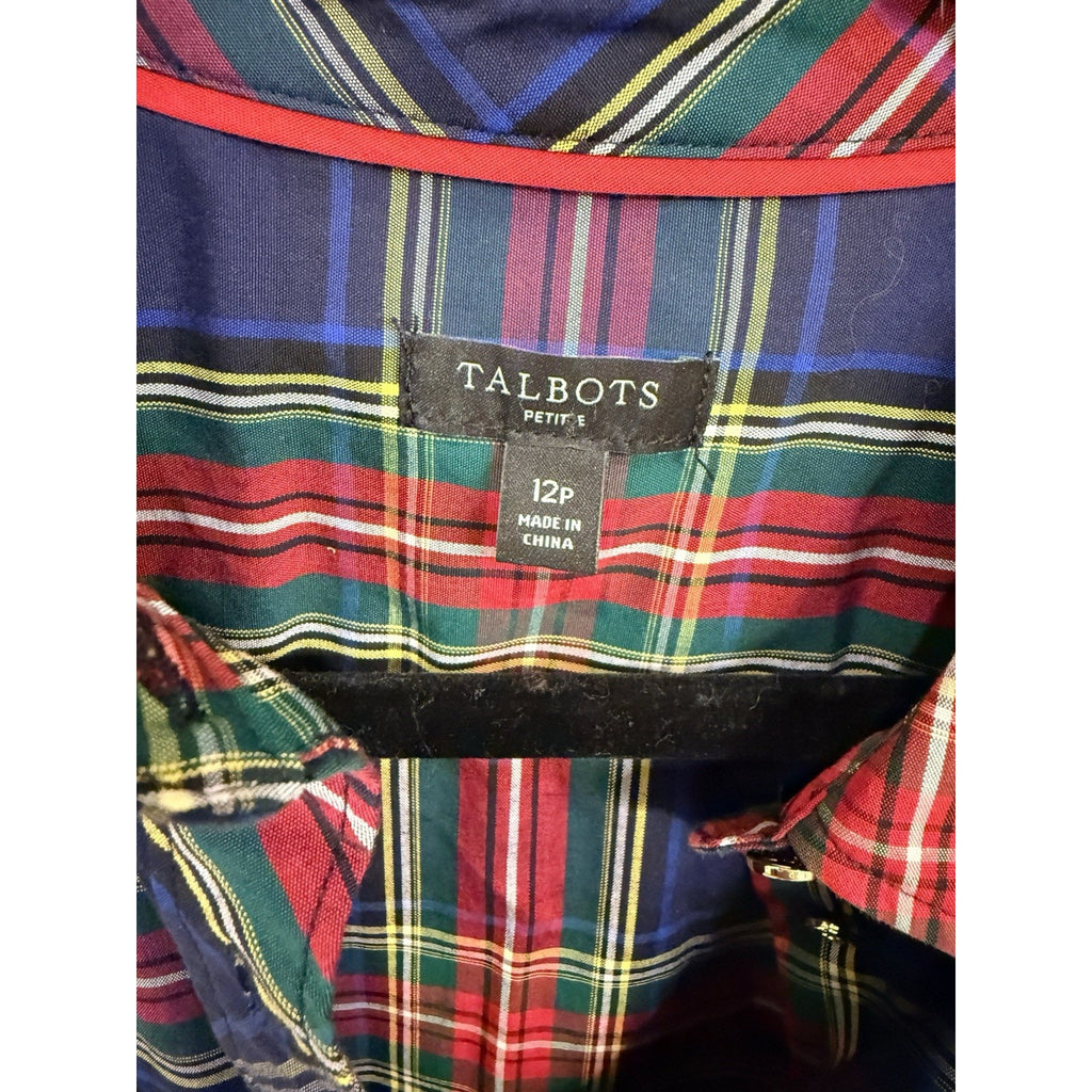 Talbots Petite 12P Plaid Button Front Shirt Womens Red Blue Green Tartan Stretch
