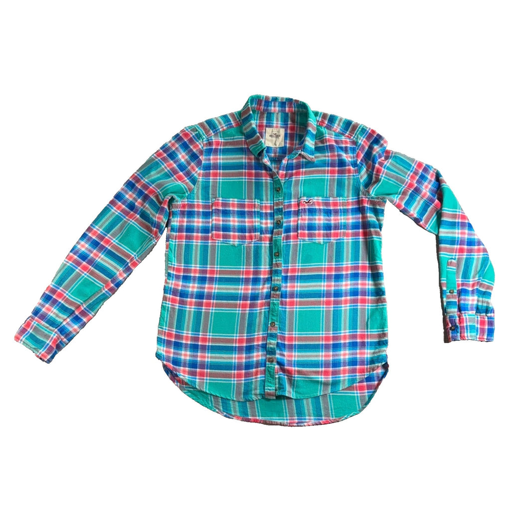 Hollister Flannel Shirt Large Teal Blue Red Plaid Long Sleeve Button Up