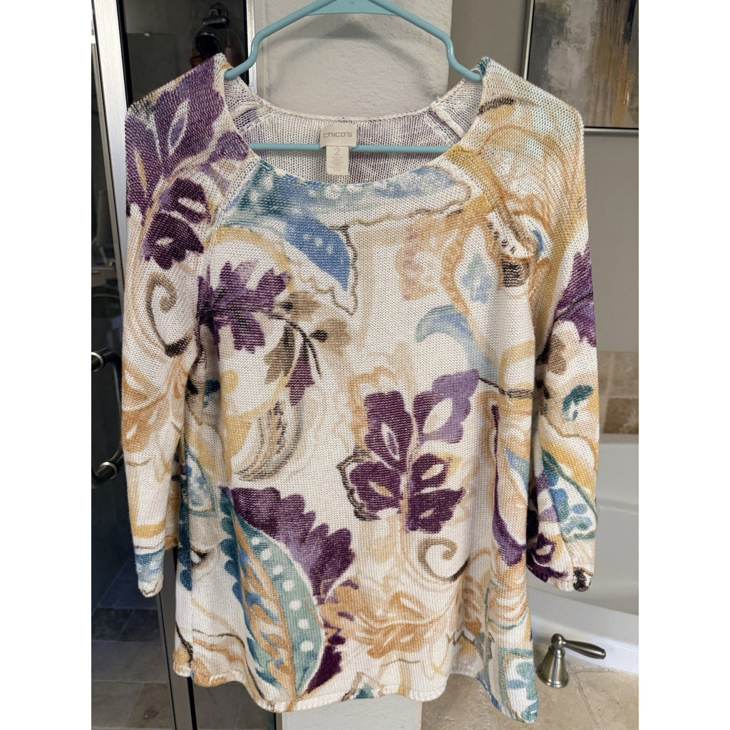 Chico’s Size 2 Colorful Floral Open Knit Sweater Lightweight 3/4 Sleeve Boho