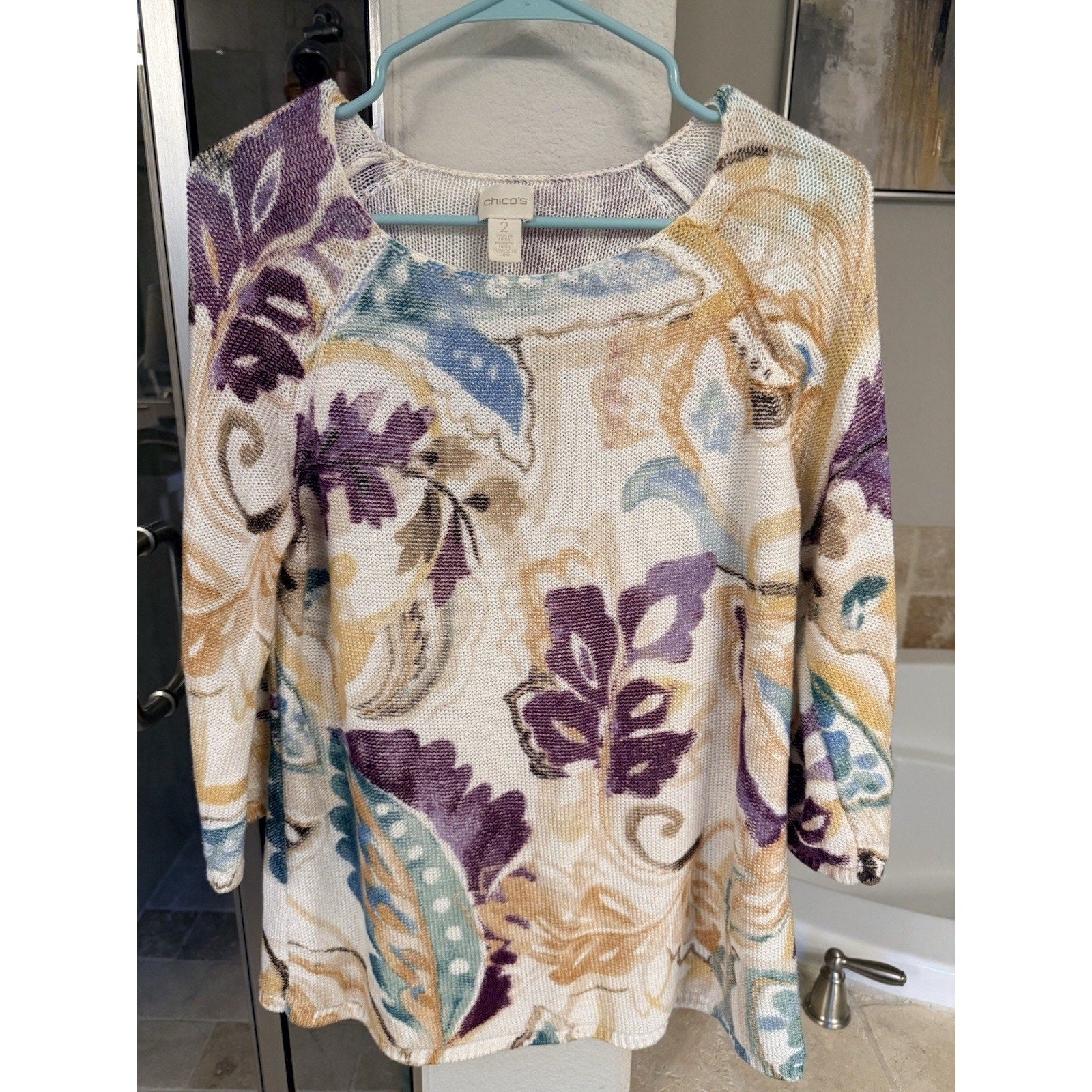 Chico’s Size 2 Colorful Floral Open Knit Sweater Lightweight 3/4 Sleeve Boho
