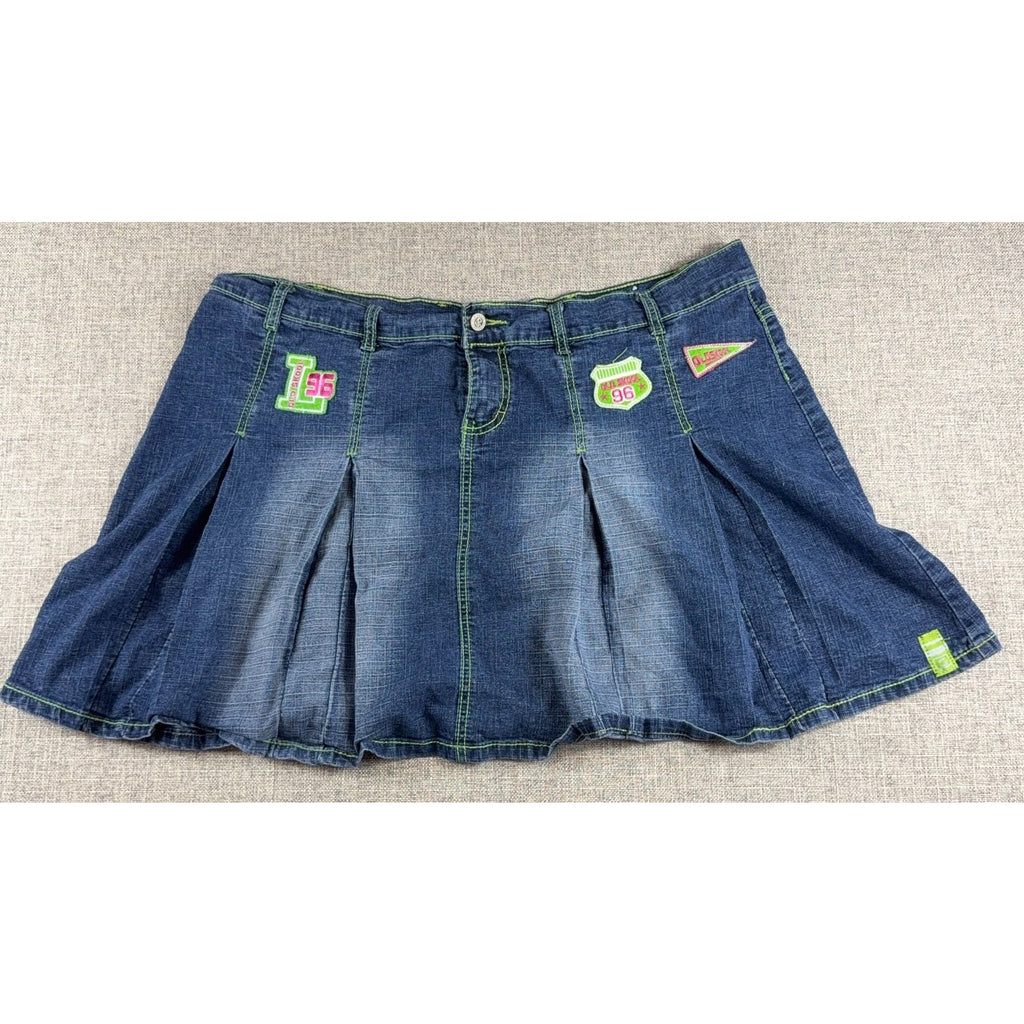 Old Skool Denim Pleated Mini Skirt Womens 20 Y2K Patch Neon Stitch Plus Size